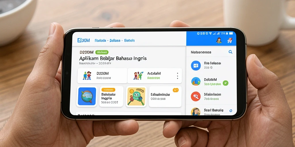 Antarmuka aplikasi D200M yang menarik untuk belajar bahasa Inggris.